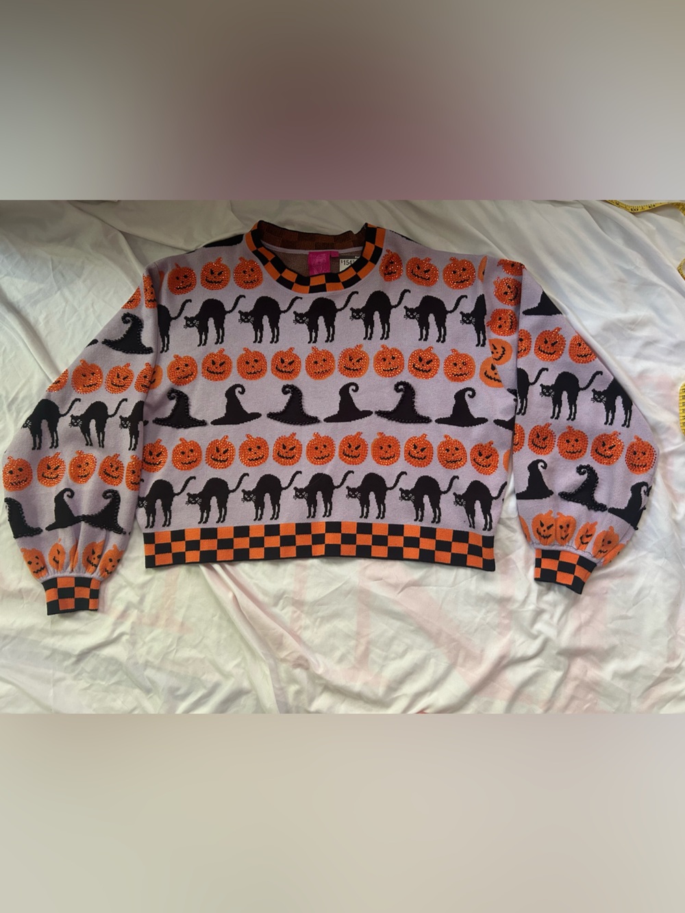 Queen of Sparkles Halloween Sweater w/ Black Cats and Orange Pumpkins - size S